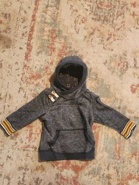 OSHKOSH - Toddler Hooded Pullover Sweatshirt - Navy with Yellow Stripe Cuffs